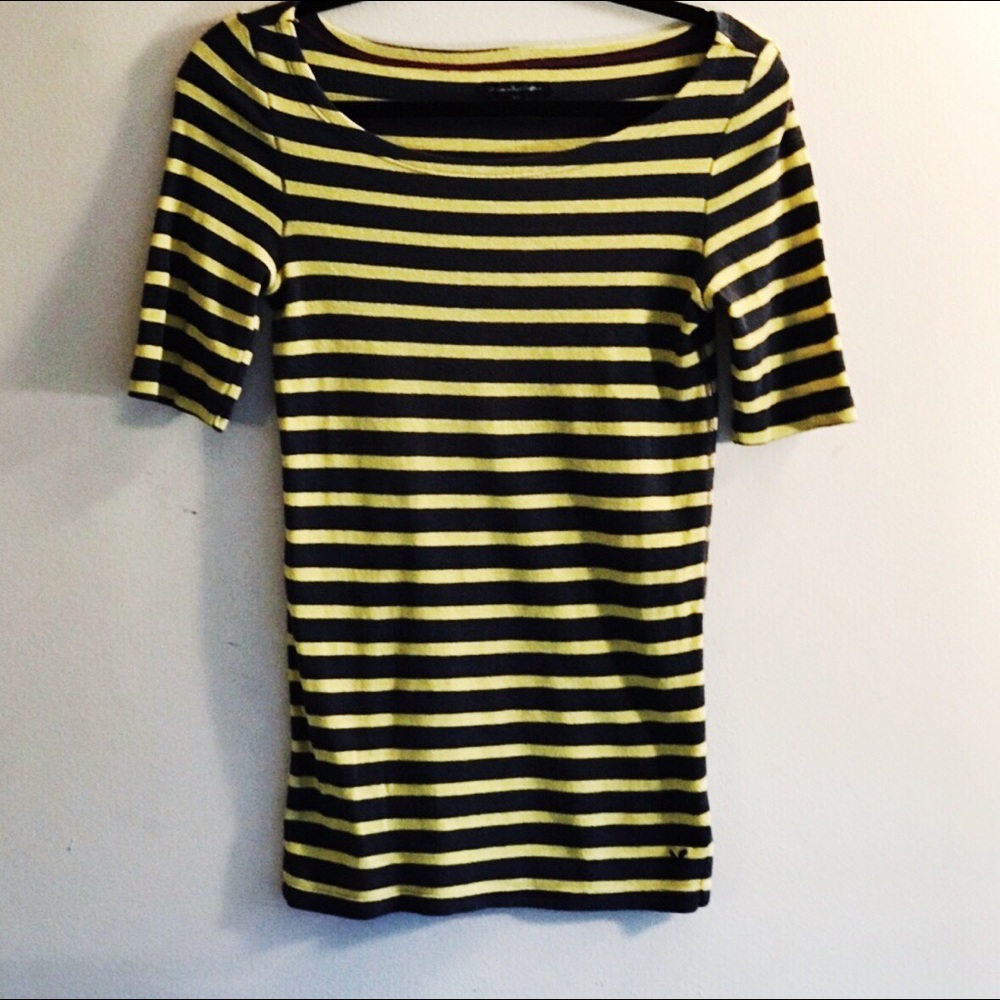 AEO 3/4 Sleeve Yellow & Navy Striped Boat Neck Top